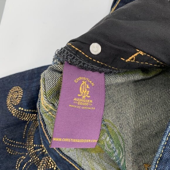 Christian Audigier embellished jeans embroidery skull stud crown blue Y2K men 32 - Picture 12 of 14